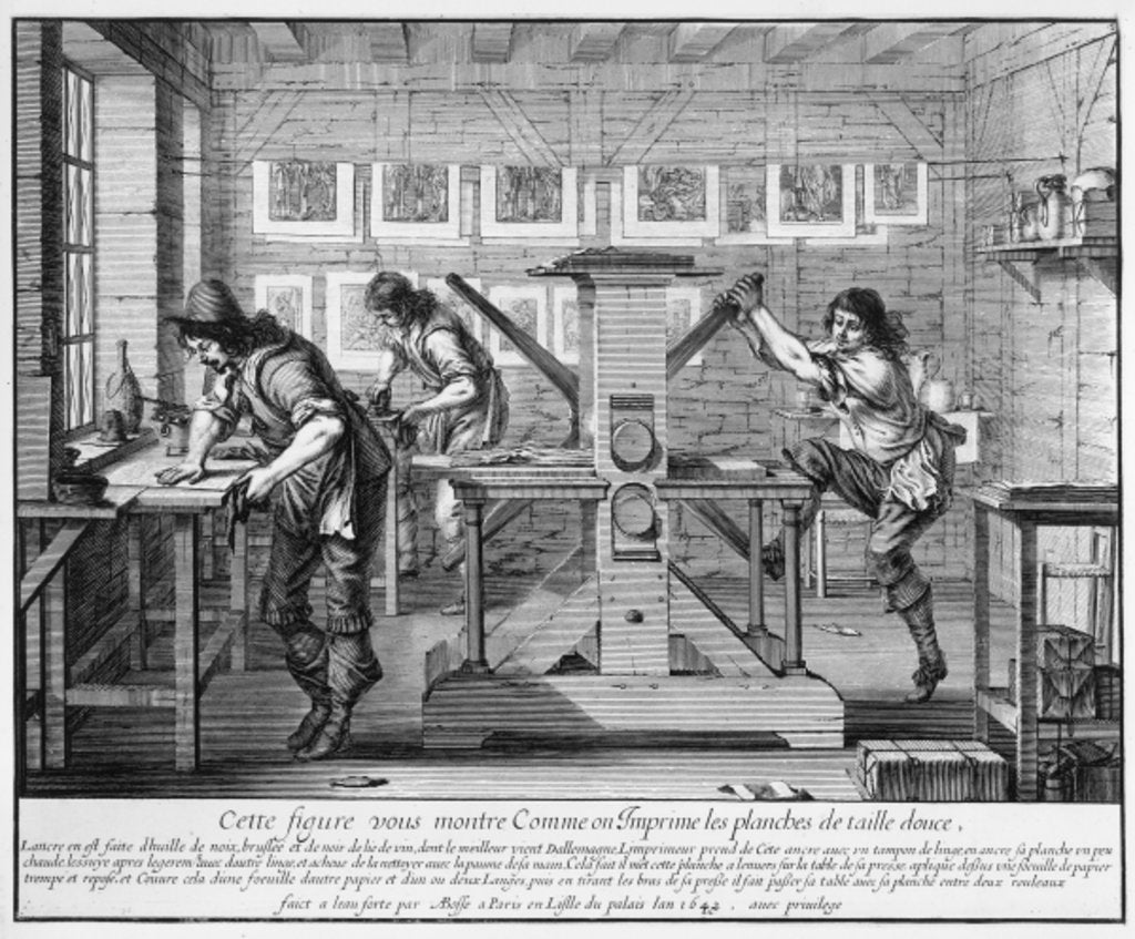 Detail of French printing press, 1642 by Abraham Bosse