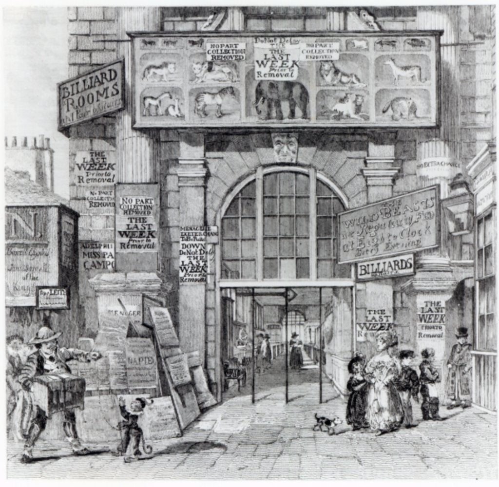 Detail of Exeter Change showing the entrance to Edward Cross's Royal Grand National Menagerie, c.1829 by English School