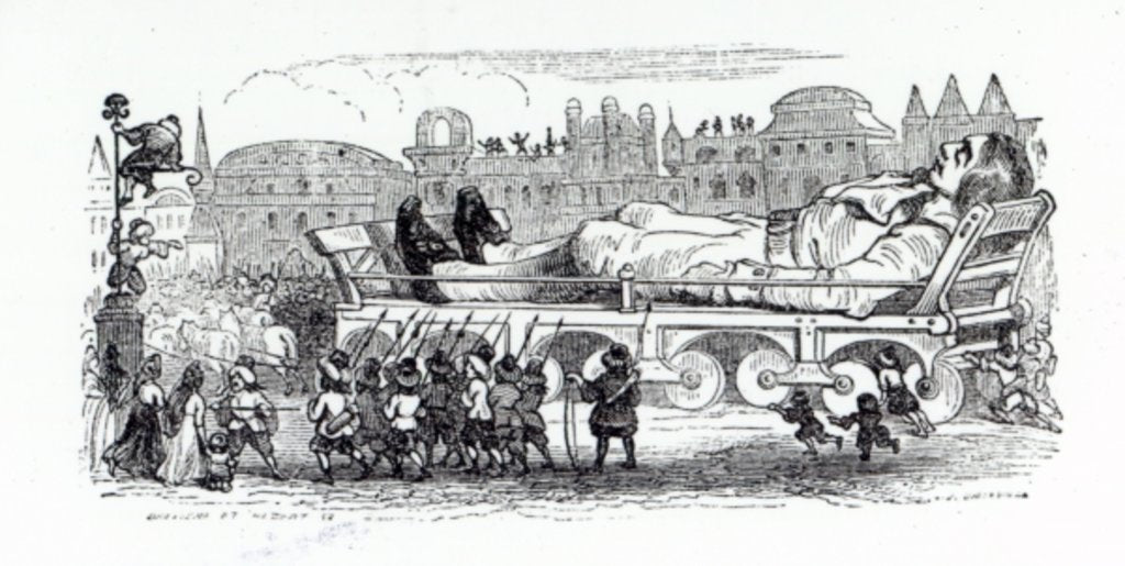 Detail of Gulliver being transported to the Lilliputian capital by Grandville