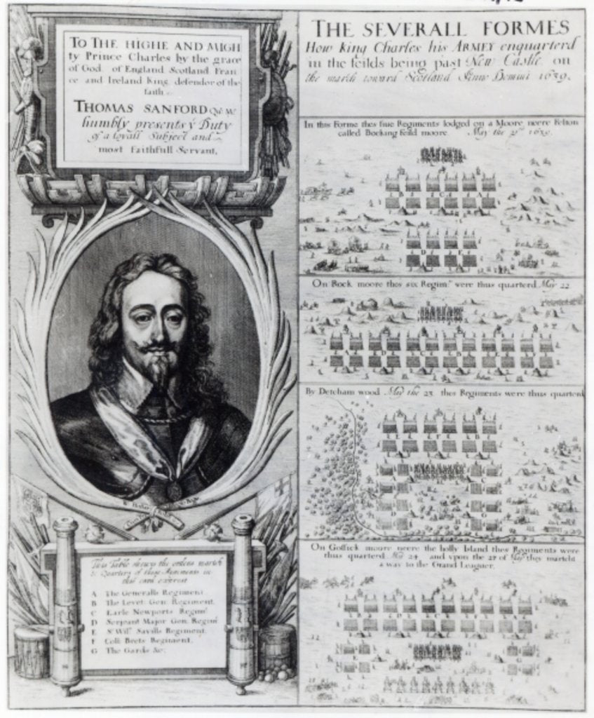 Detail of Portrait of King Charles I with diagrams showing the formation of his troops during the Bishops' War, c.1639 by Wenceslaus Hollar