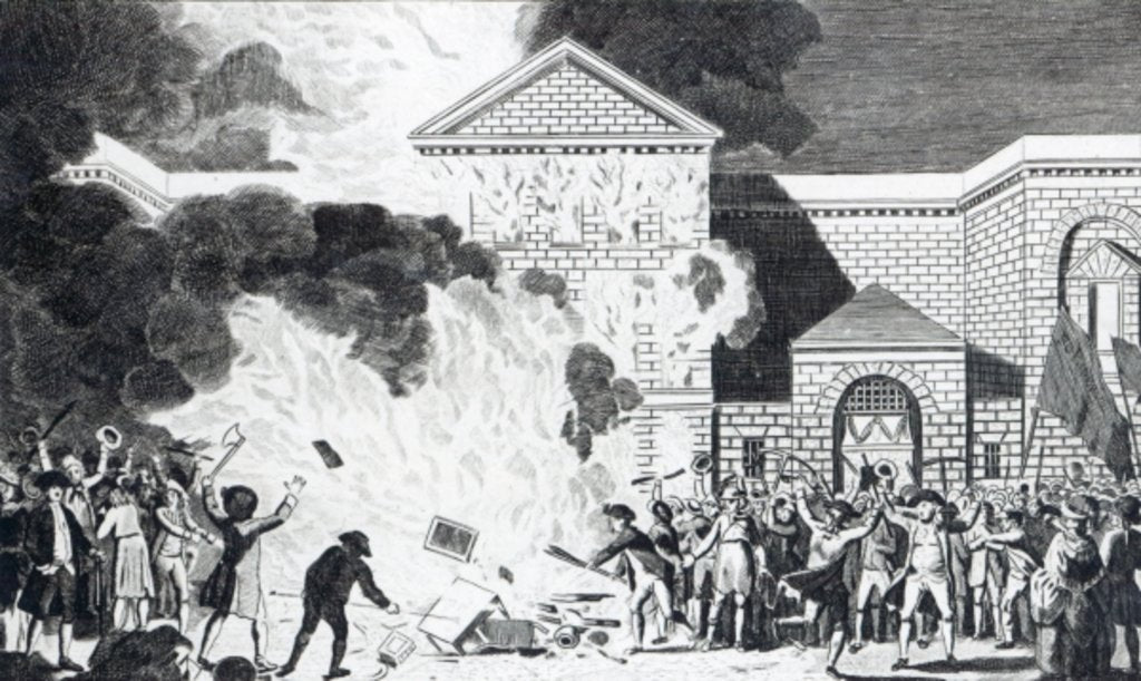 Detail of The Devastations occasioned by the Rioters of London firing the New Gaol of Newgate and burning Mr. Akerman's Furniture by William (after) Hamilton