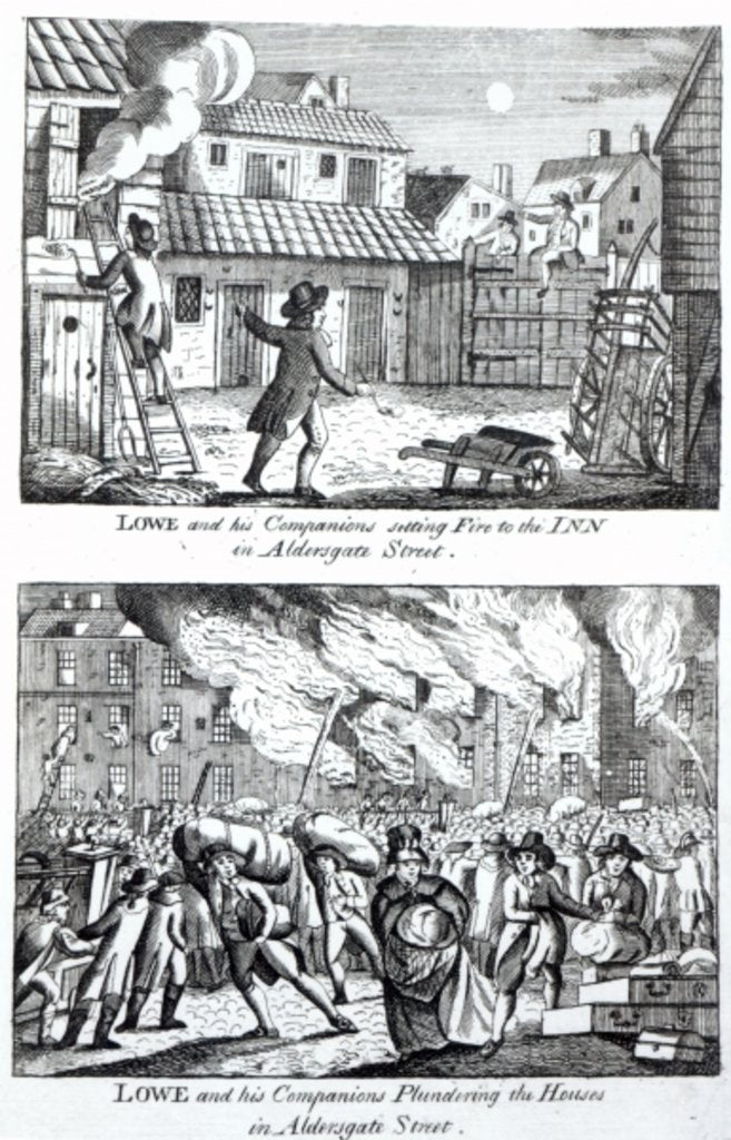 Detail of Edward Lowe and his companions setting fire to the inn on Aldersgate Street and plundering the houses, May 16th 1790 by English School