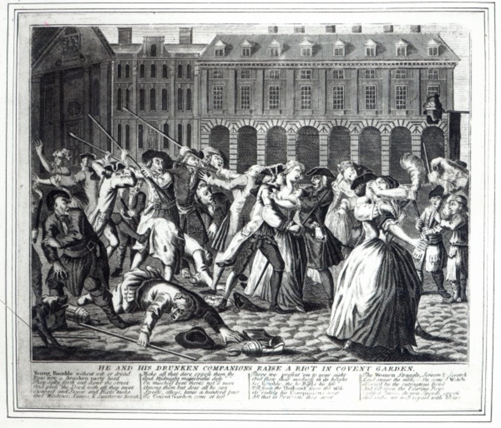 Detail of He and His Drunken Companions Raise a Riot in Covent Garden, from a pirated series based on Hogarth's 'A Rake's Progress', 1735 by English School