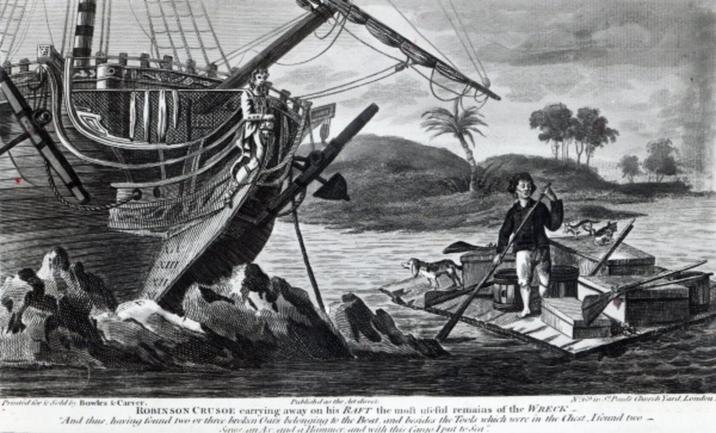 Detail of Robinson Crusoe carrying away on his raft the most useful remains of the wreck by English School