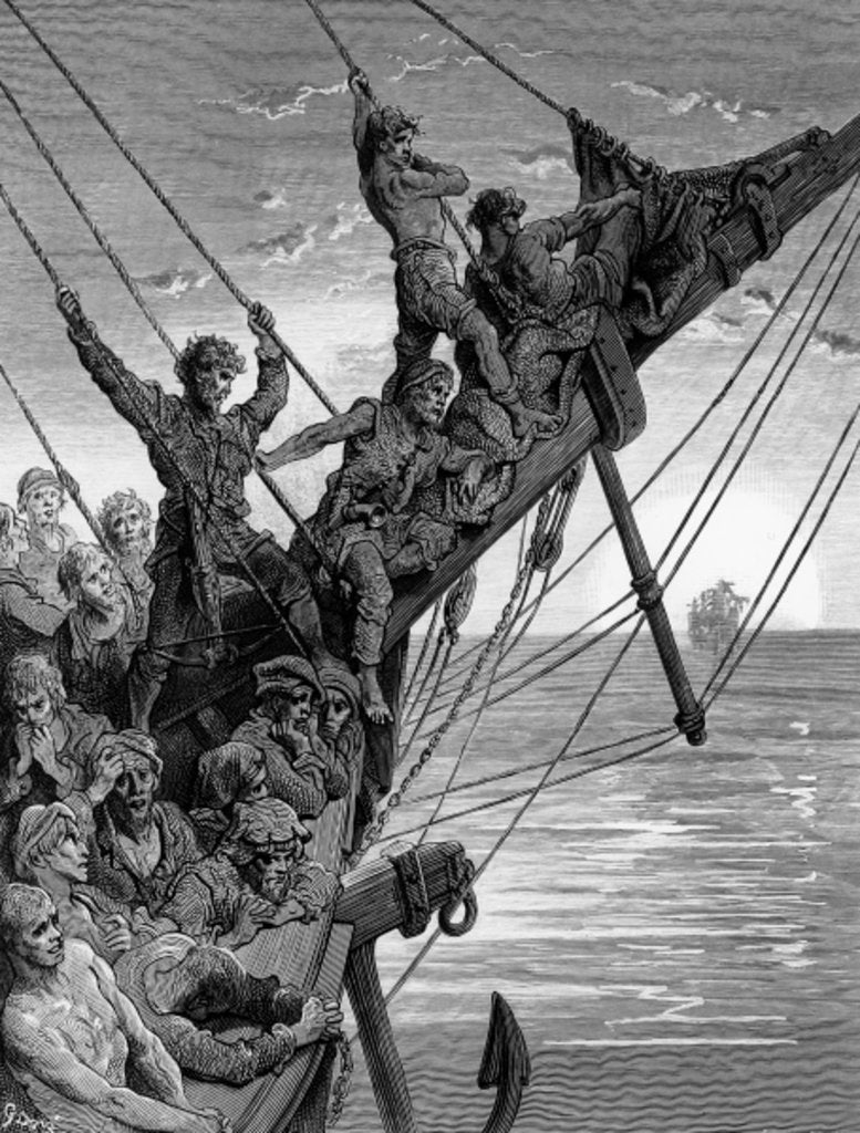 Detail of The sailors see in the distance a ghostly ship by Gustave Dore