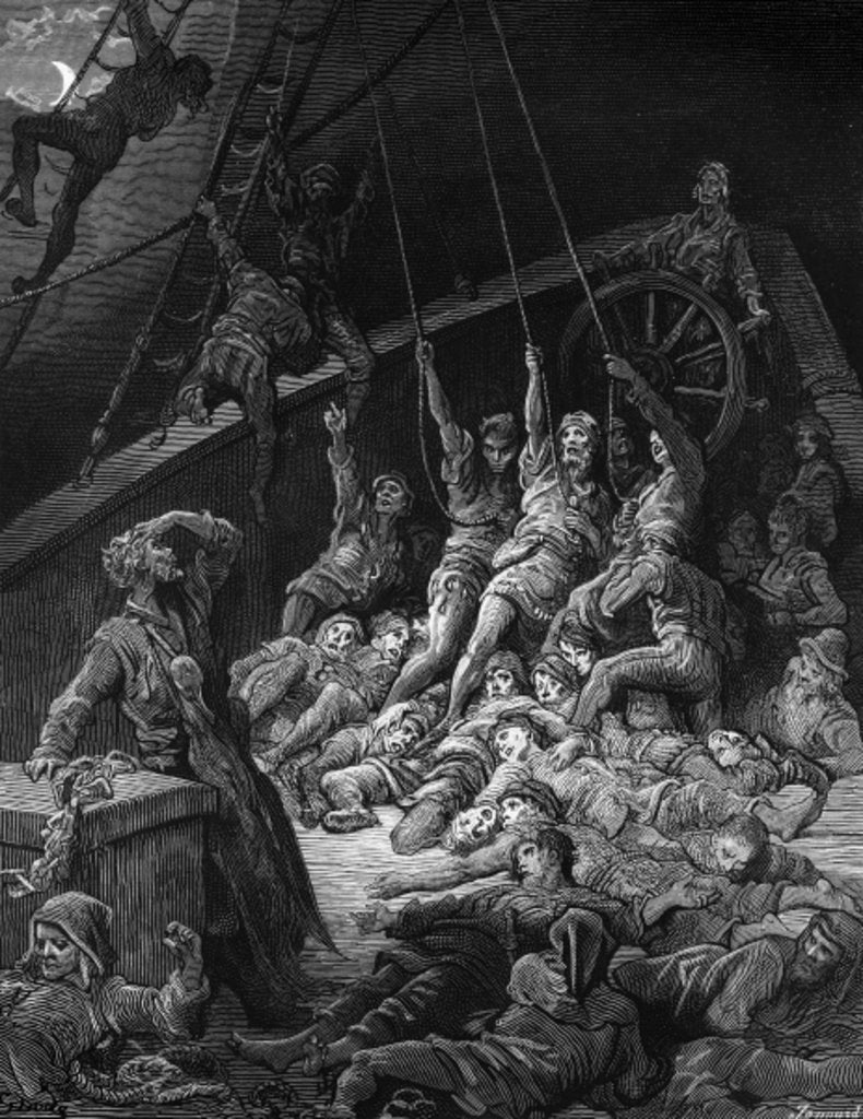 Detail of The dead sailors rise up and start to work the ropes of the ship so that it begins to move by Gustave Dore