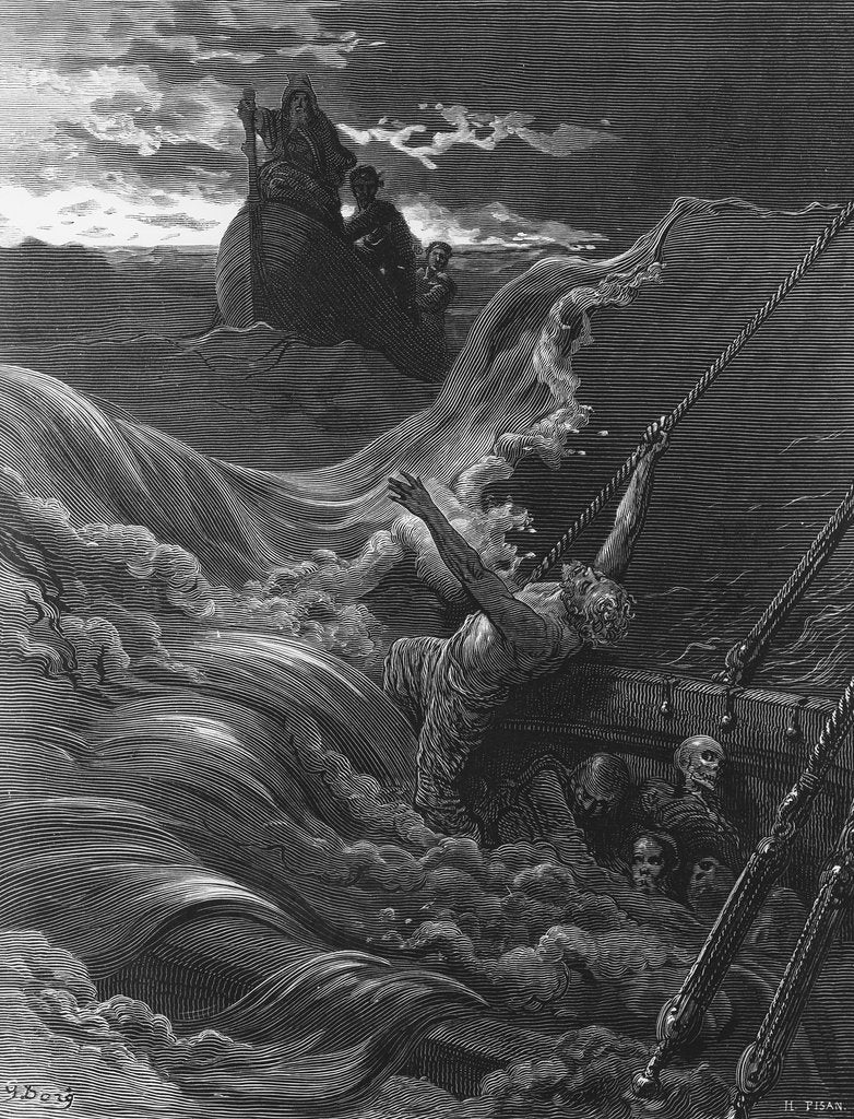 Detail of The mariner, as his ship is sinking, sees the boat with the Hermit and Pilot by Gustave Dore