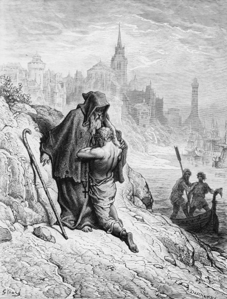Detail of The Mariner begs the Hermit to give him absolution from his sin by Gustave Dore