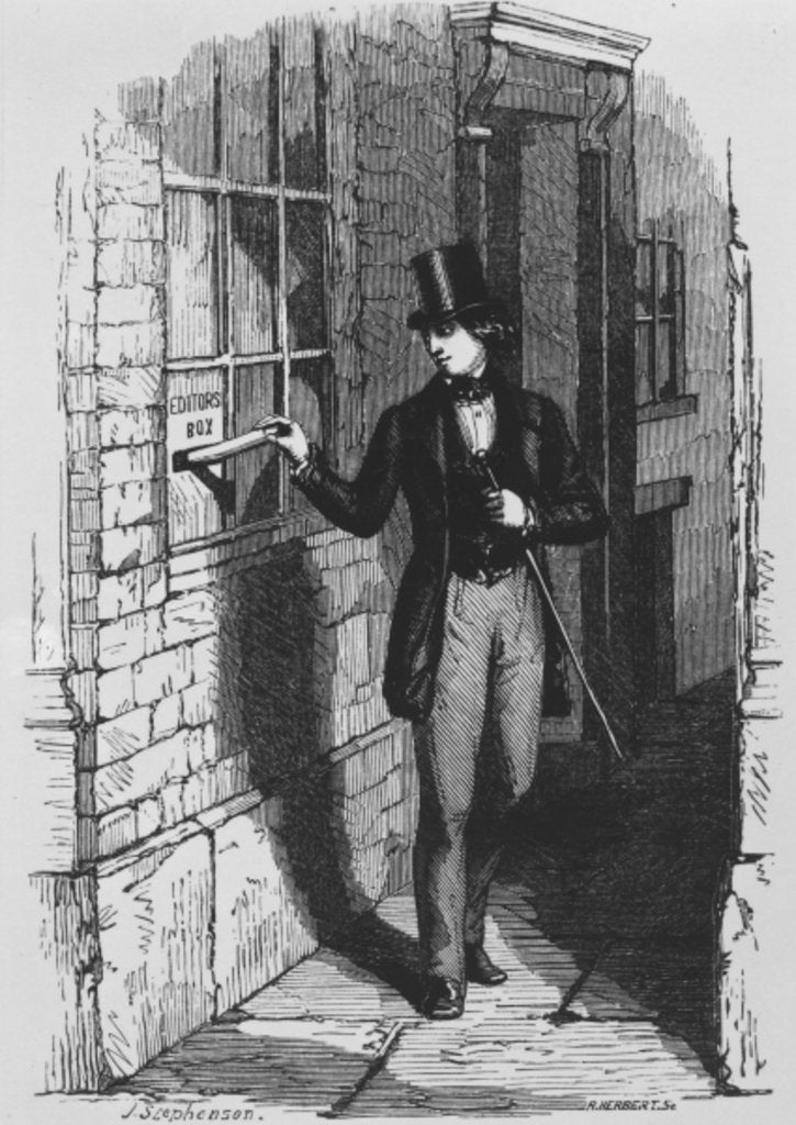 Detail of Dickens placing his first literary contribution in the editor's box by English School