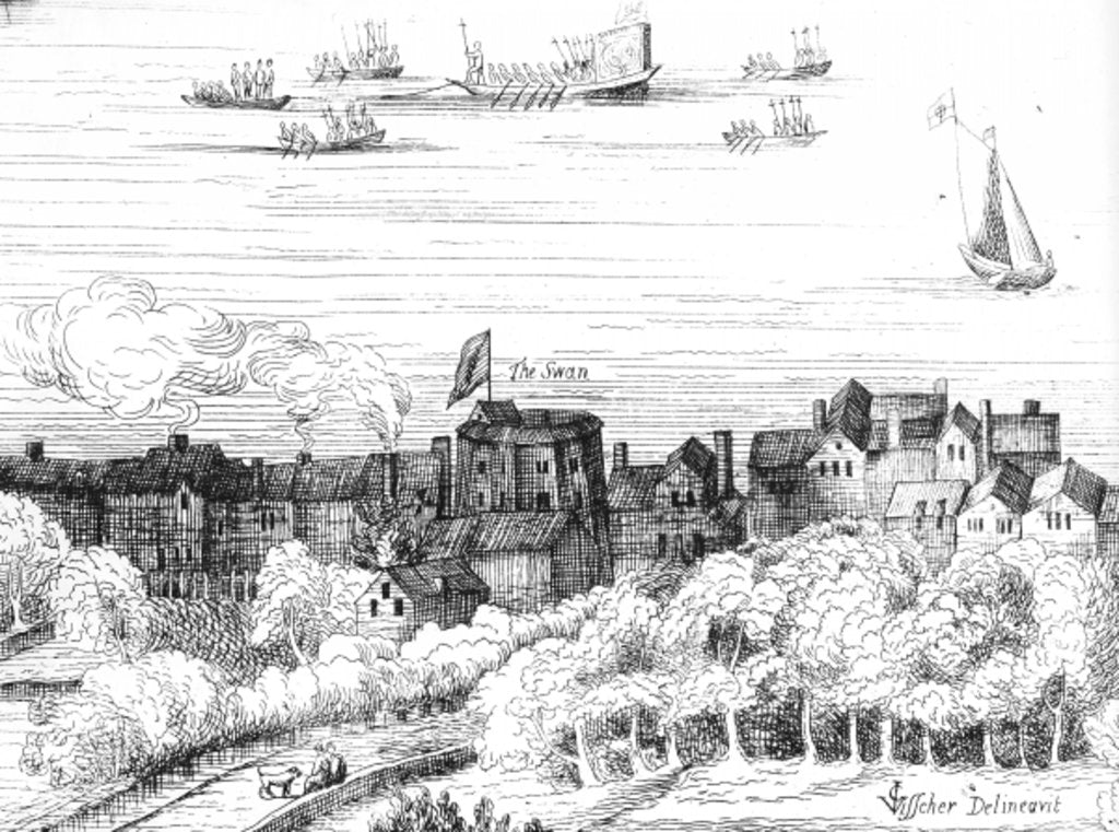 Detail of The Swan Theatre on the Bankside as it appeared in 1614 by School English