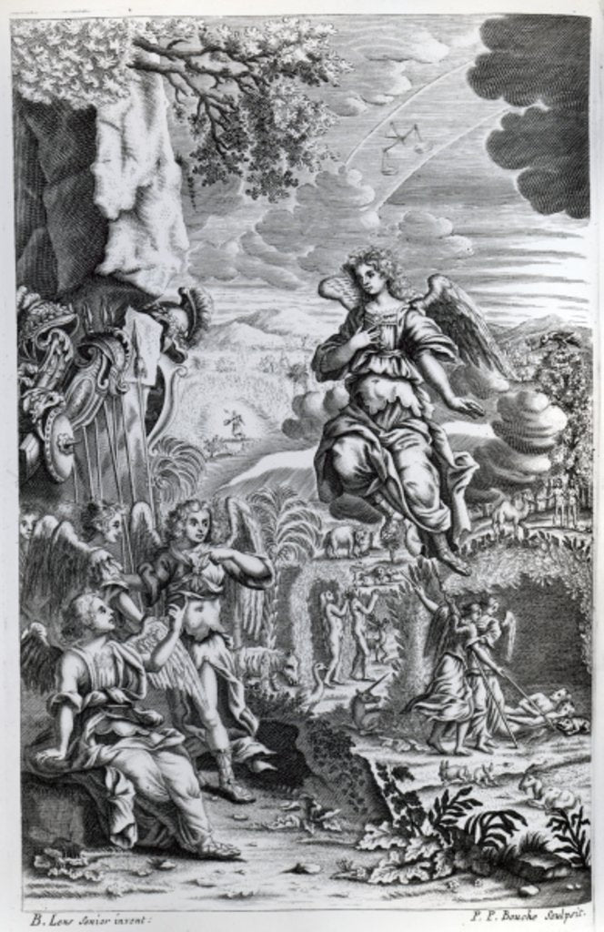 Detail of The archangel Uriel informs Gabriel that Satan is in the Garden of Eden by Bernard I Lens