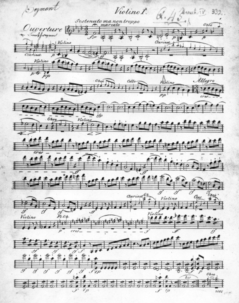 Detail of Sheet Music for the Overture to 'Egmont' by Ludwig van Beethoven, written between 1809-10 by German School