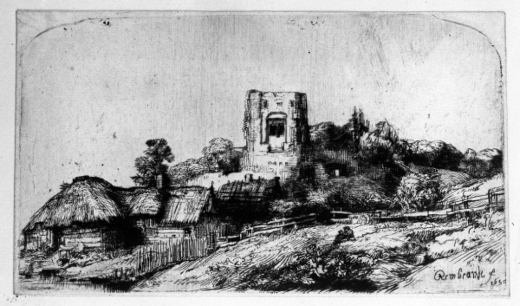 Detail of Landscape with a Tower, 1650 by Rembrandt Harmensz. van Rijn