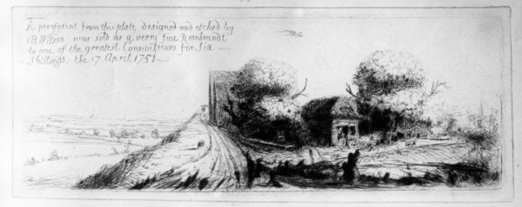 Detail of Landscape with country lane and cottages, etched by Benjamin Wilson, 1751 by Rembrandt Harmensz. van Rijn (after)