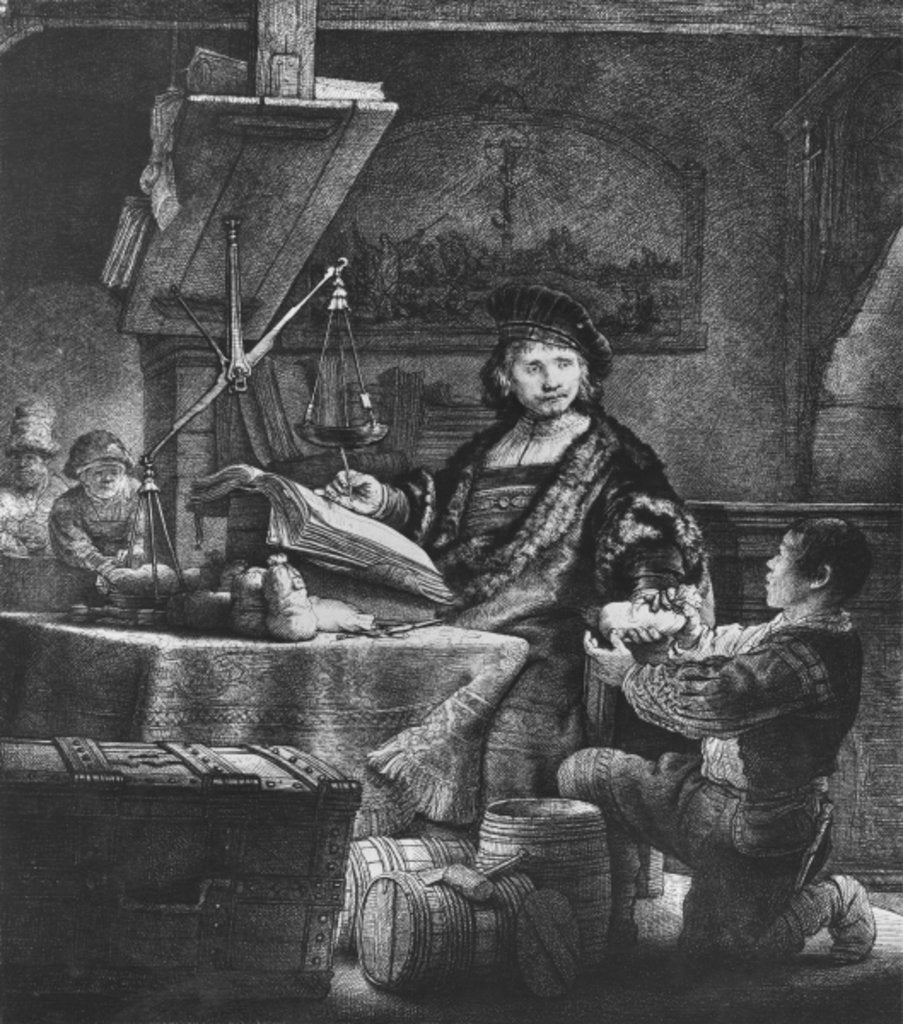 Detail of Jan Uytenbogaert 'The Goldweigher', 1639 by Rembrandt Harmensz. van Rijn