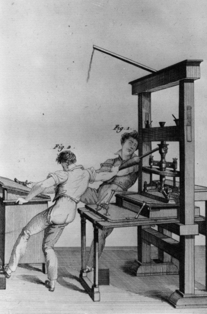 Detail of Young blind men working at a printing press by Julie Ribault