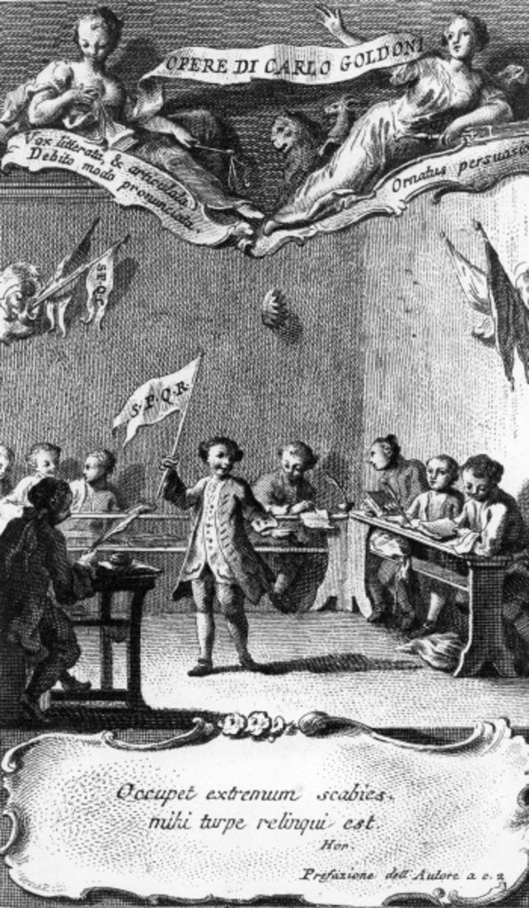 Detail of Carlo Goldoni waves a flag in celebration of passing his year at the Jesuit school in Perugia by Pietro Antonio (after) Novelli