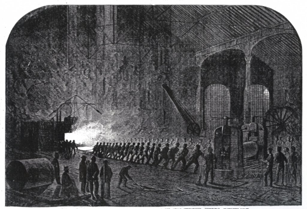 Detail of Process of rolling armour-plates for Her Majesty's ships at the Alas Steelworks, Sheffield by Mason Jackson