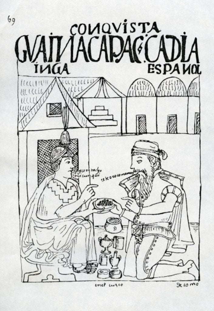 Detail of An Inca asks a Spaniard what he eats, he replies 'Gold' by Felipe Huaman Poma de Ayala