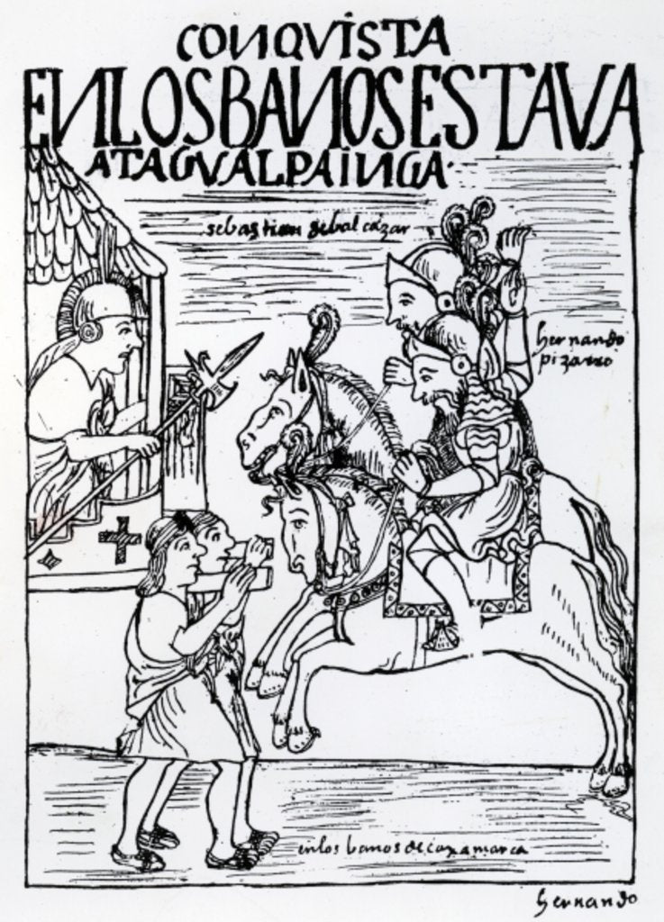 Detail of Sebastian de Benalcazar and Hernando Pizarro confront Atahualpa Inca at the Royal Baths in Cajamarca by Felipe Huaman Poma de Ayala