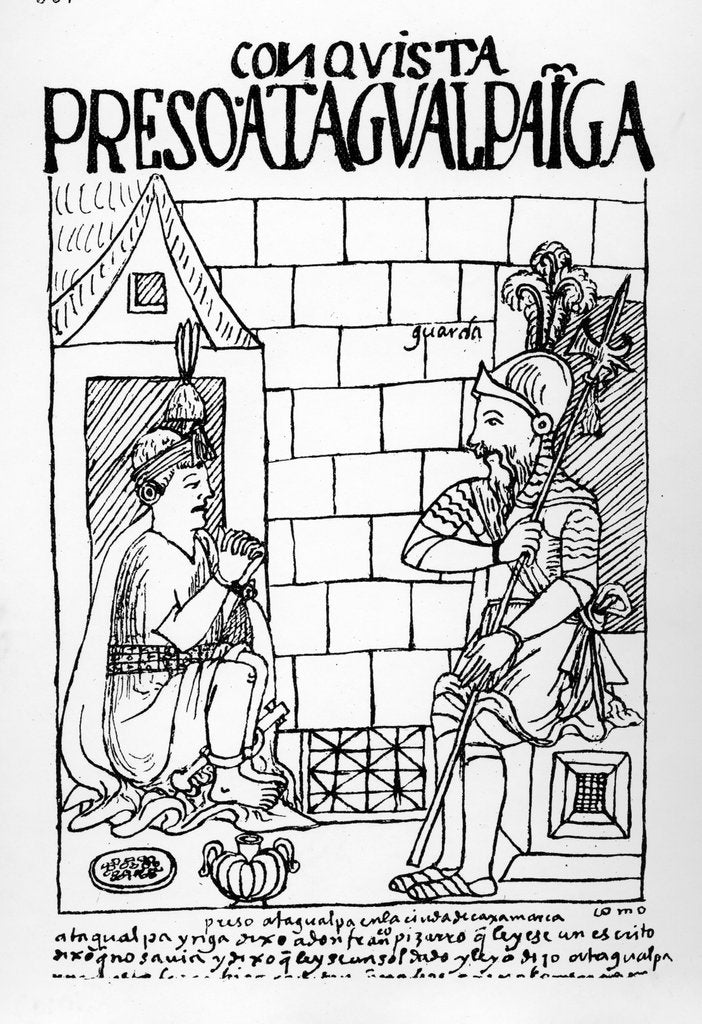 Detail of Atahualpa Inca in his prison at Cajamarca by Felipe Huaman Poma de Ayala