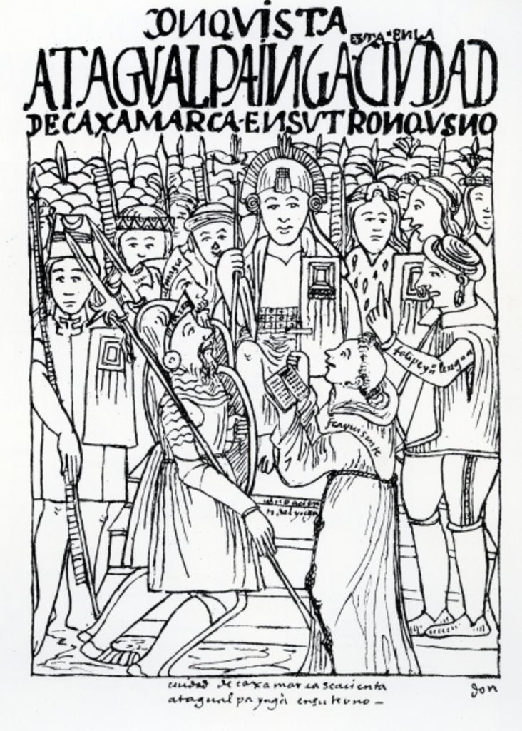 Detail of Diego de Almagro, Francisco Pizarro and Friar Vicente de Valverde kneeling before Atahualpa Inca at Cajamarca by Felipe Huaman Poma de Ayala
