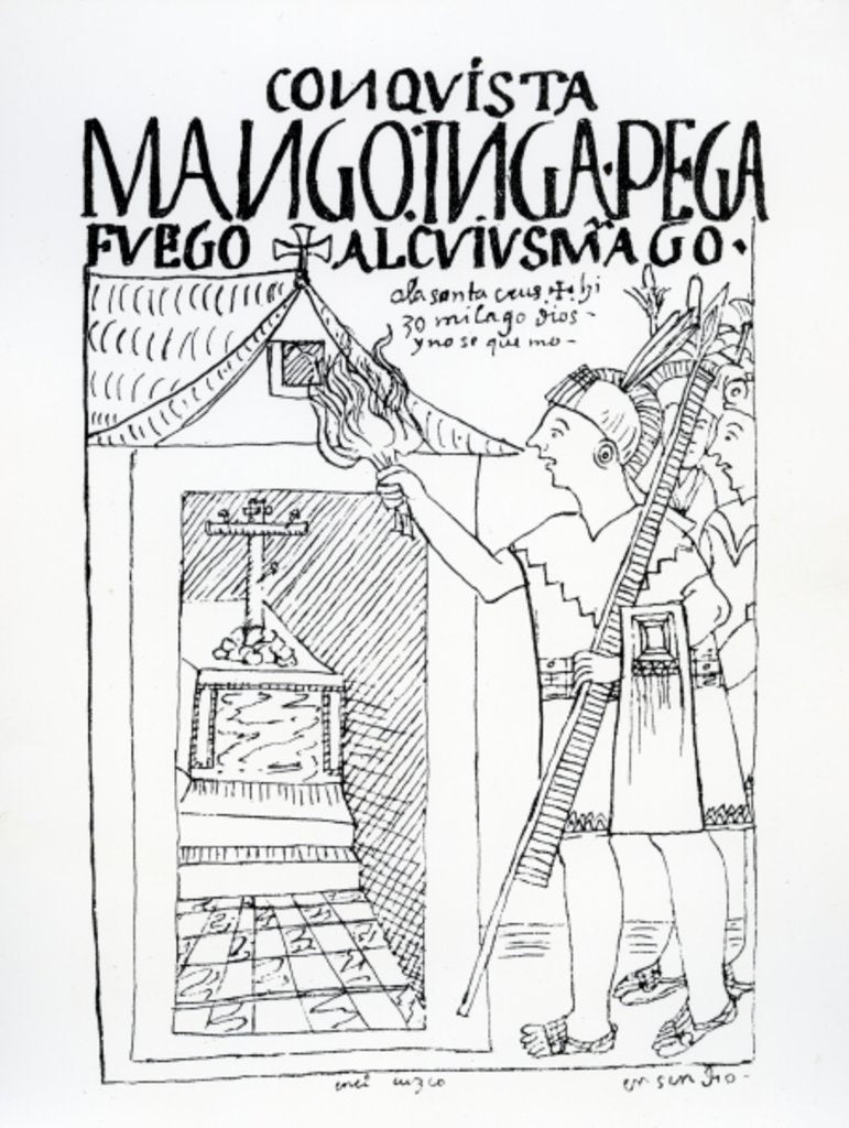 Detail of Manco Inca attempts to burn the Inca palace of Cuyus Mango, which had been converted for Christian worship, but God intervenes by Felipe Huaman Poma de Ayala