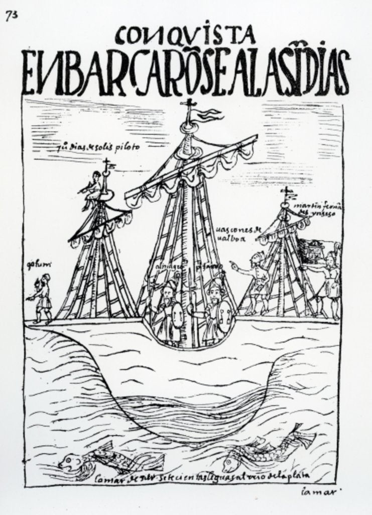 Detail of The voyage to the New World taken by Christopher Columbus, Juan Diaz de Solis, Diego de Almagro, Francisco Pizarro, Vasco Nunez de Balboa and Martin Fernandez de Enciso by Felipe Huaman Poma de Ayala