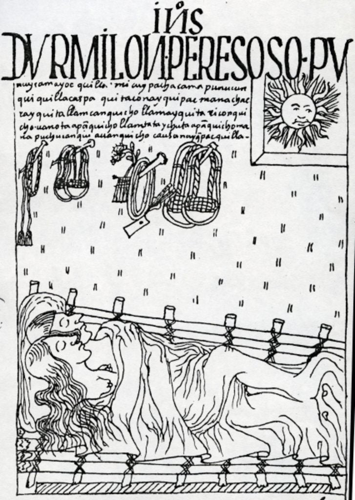Detail of Native Incas sleep through the morning, neglecting their duties by Felipe Huaman Poma de Ayala