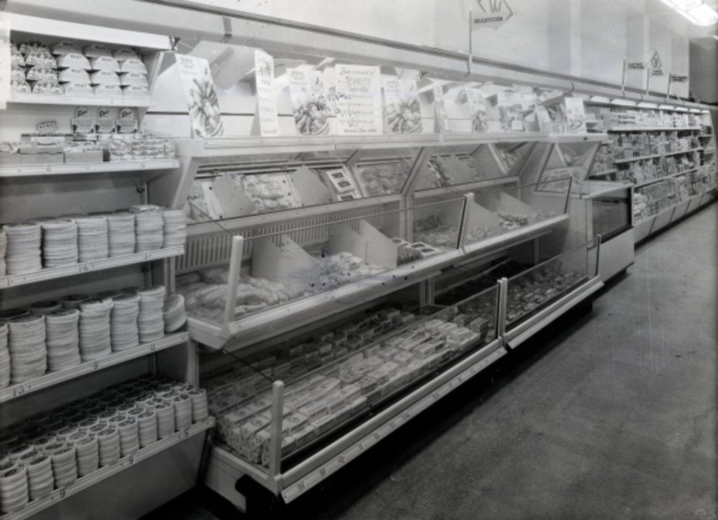 Detail of Delicatessen aisle, Woolworths store, 1956 by English Photographer