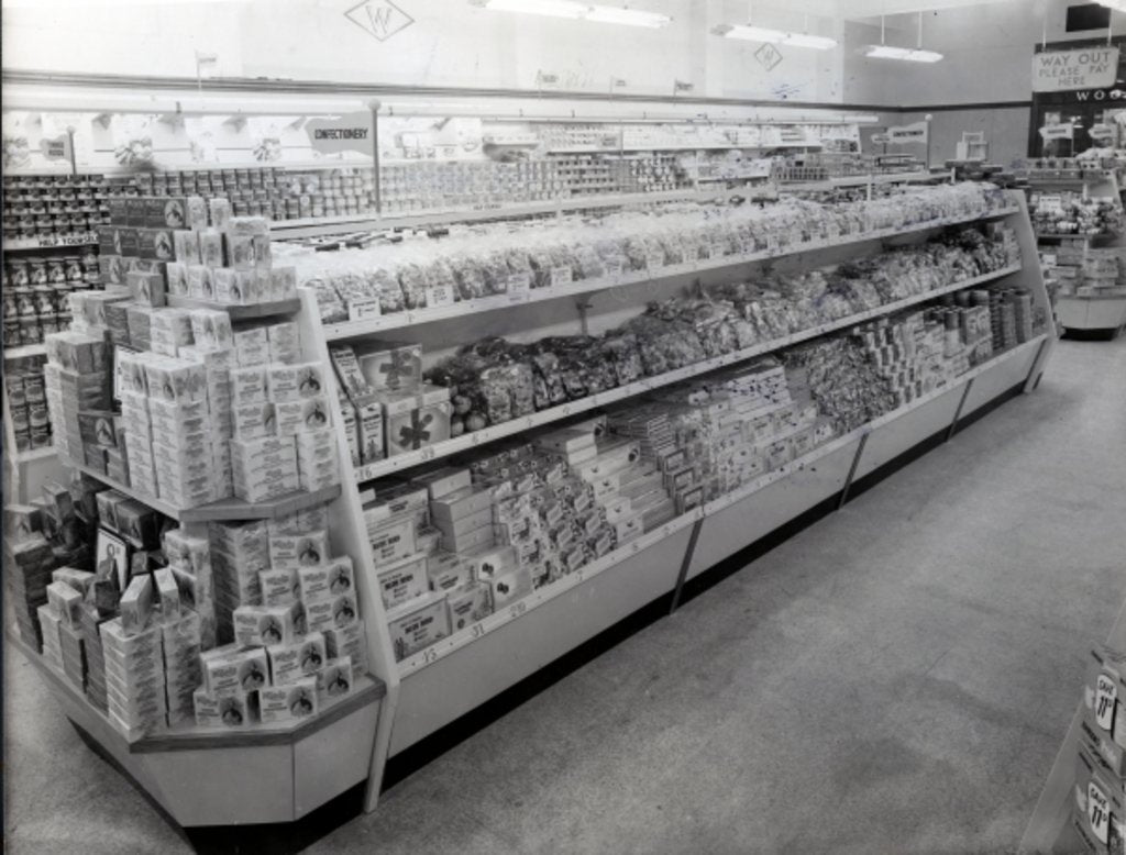 Detail of Confectionary aisle, Woolworths store, 1956 by English Photographer