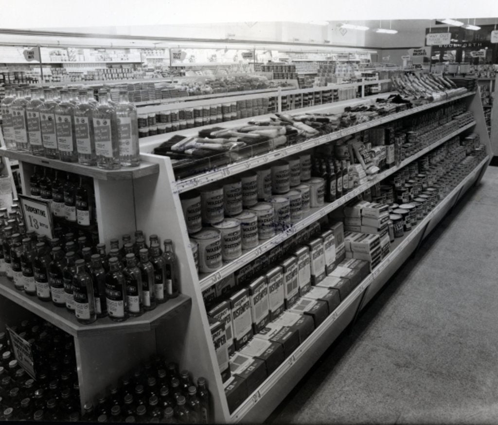 Detail of Paint and brushes aisle, Woolworths store, 1956 by English Photographer
