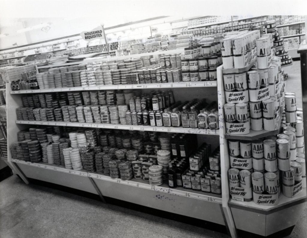 Detail of Household requisites aisle, Woolworths store, 1956 by English Photographer