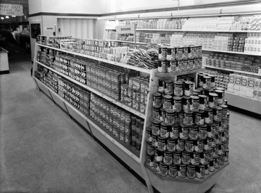 Detail of Soup aisle, Woolworths store, 1956 by English Photographer