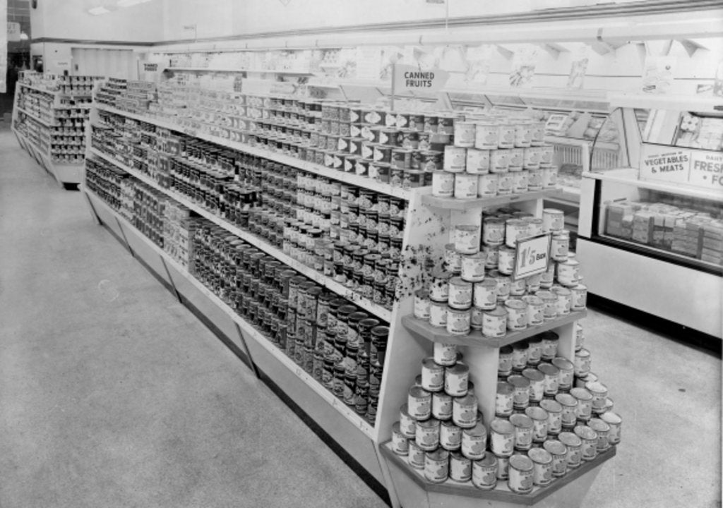 Detail of Tinned foods aisle, Woolworths store, 1956 by English Photographer
