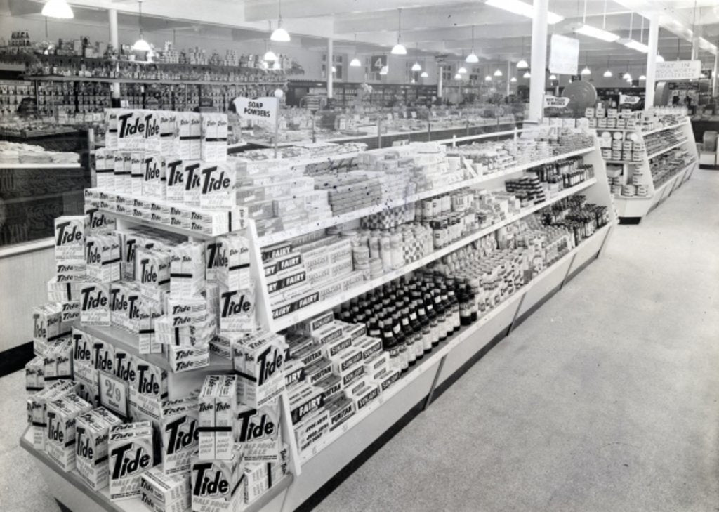Detail of Soap powder aisle, Woolworths store, 1956 by English Photographer
