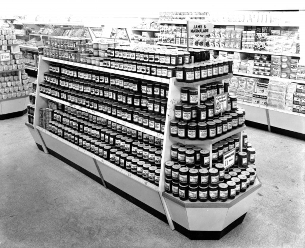 Detail of Jam and Marmalade aisle, Woolworths store, 1956 by English Photographer