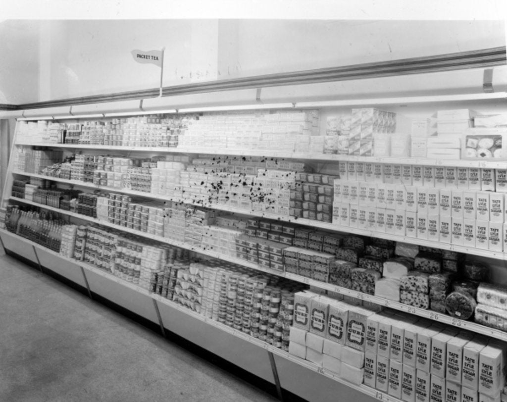 Detail of Tea and sugar aisle, Woolworths store, 1956 by English Photographer
