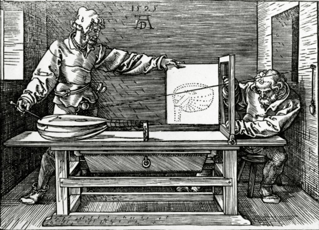 Detail of An artist drawing a lute with the aid of a perspective apparatus by Albrecht Dürer or Duerer