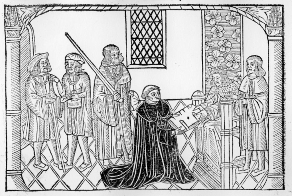 Detail of Earl Rivers presents his book to Edward IV by English School