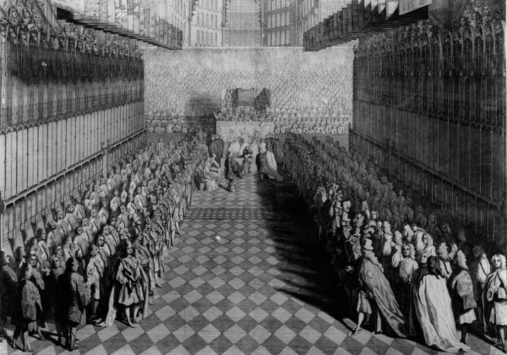 Detail of Prince William offering his sword to the Dean, at the Altar, the Knights Standing under their Banners, published in 1730 by Joseph Highmore