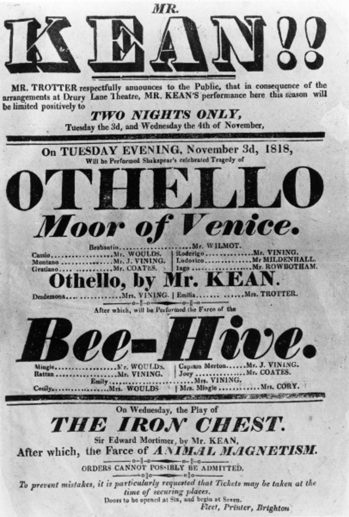 Detail of Theatre Bill advertising perfomances of Mr. Kean, 1818 by English School