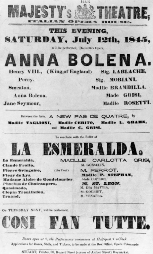 Detail of Playbill for Her Majesty's Theatre, Italian Opera House, 1845 by English School