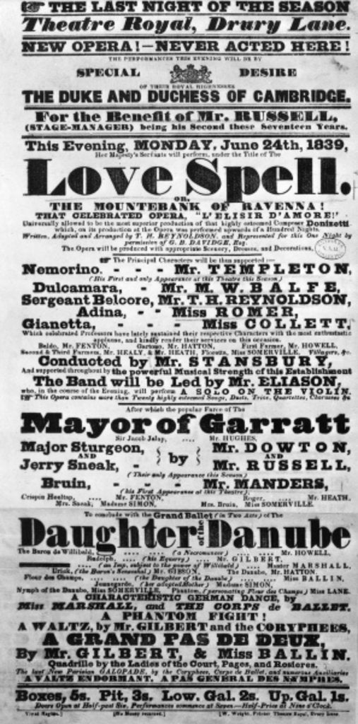 Detail of Playbill announcing a performance of 'Love Spell' at the behest of the Duke and Duchess of Cambridge, 1839 by English School