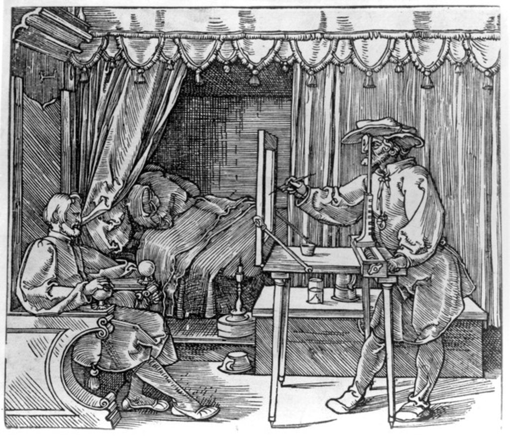 Detail of A draughtsman taking details for a portrait, using a perspective apparatus for drawing onto glass by Albrecht Dürer or Duerer