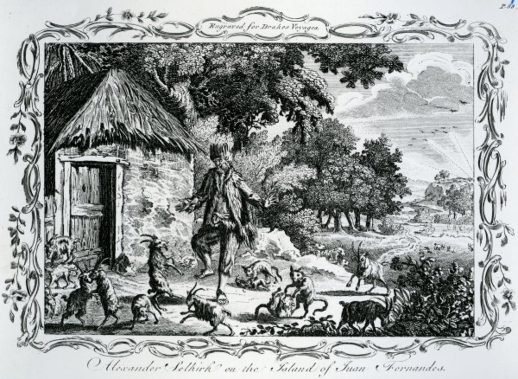 Detail of Alexander Selkirk on the Island of Juan Fernandes, published in 'Drakes Voyages', 1780 by English School