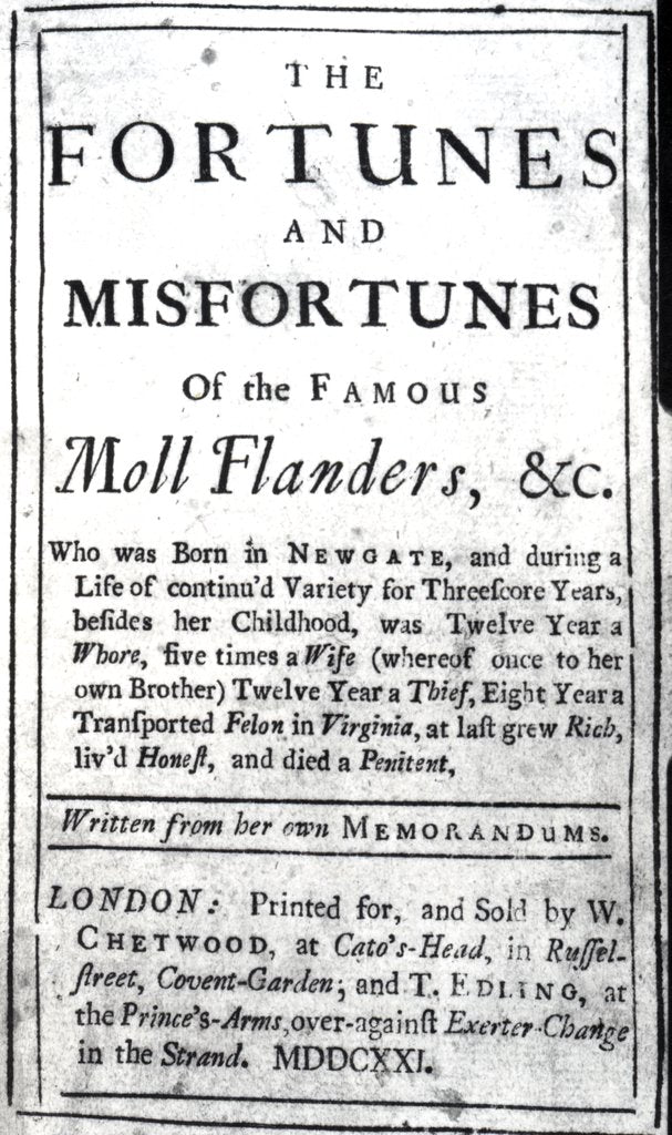 Detail of Title Page for 'Moll Flanders' by Daniel Defoe, published 1722 by English School