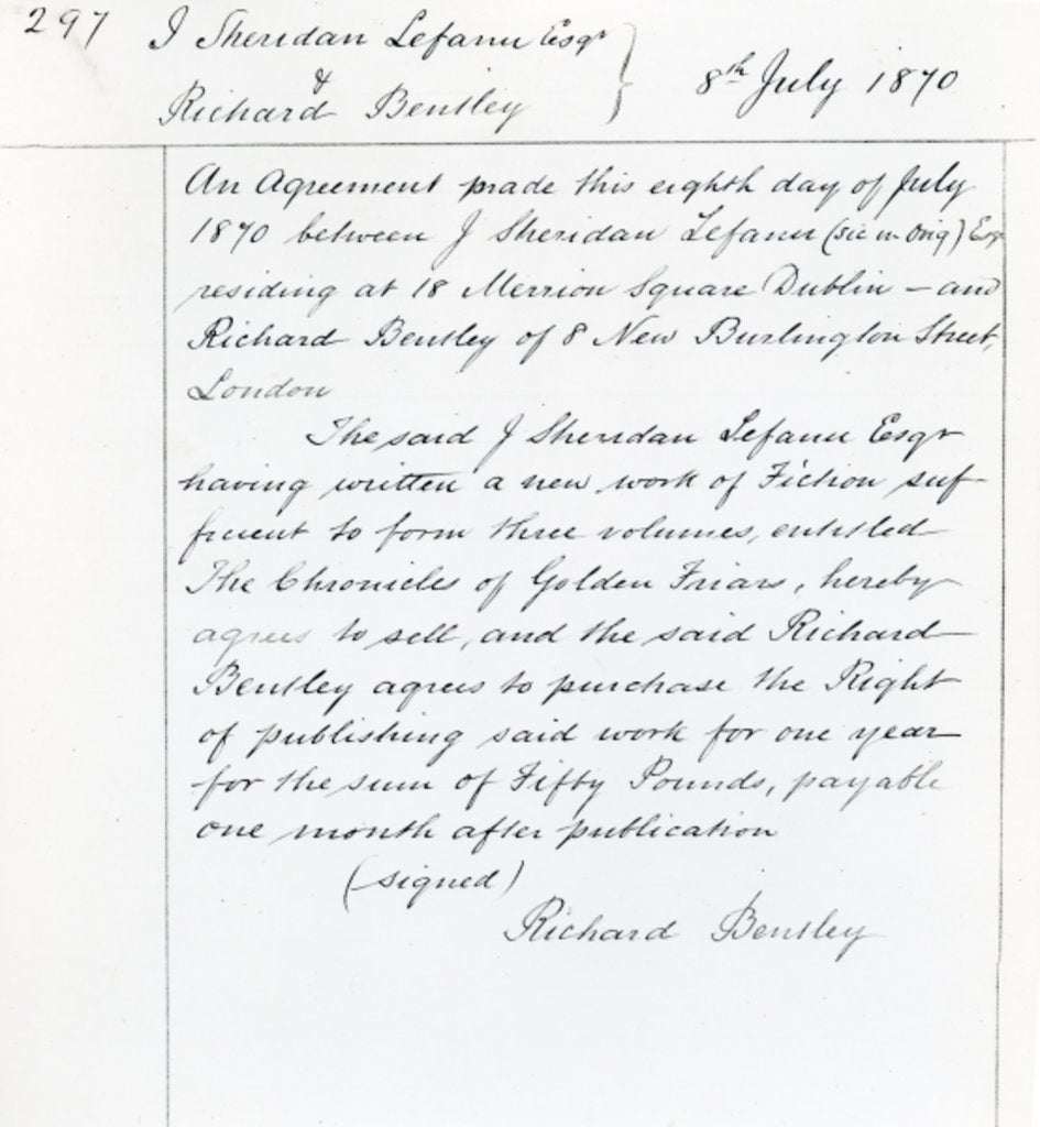Detail of Publishing contract between Joseph Sheridan Le Fanu and Richard Bentley for 'The Chronicles of Golden Friars', 1870 by English School