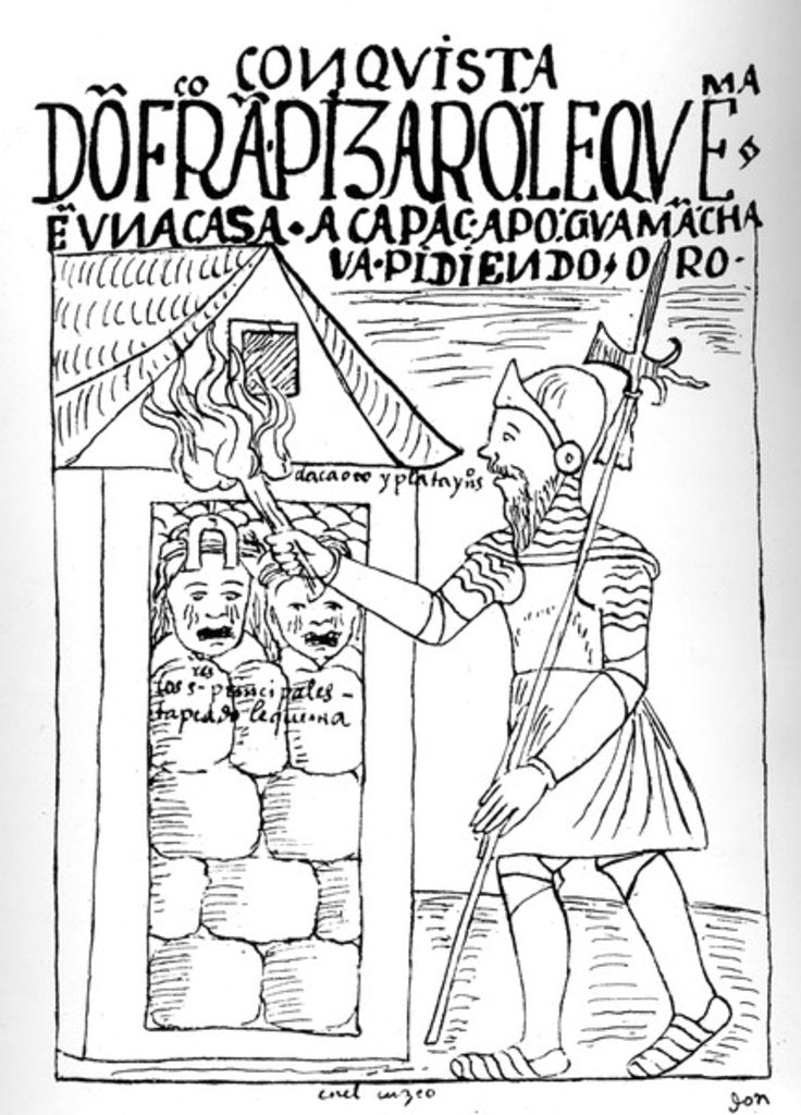Detail of Don Francisco Pizarro setting fire to the house of Poma de Ayala's grandfather by Felipe Huaman Poma de Ayala