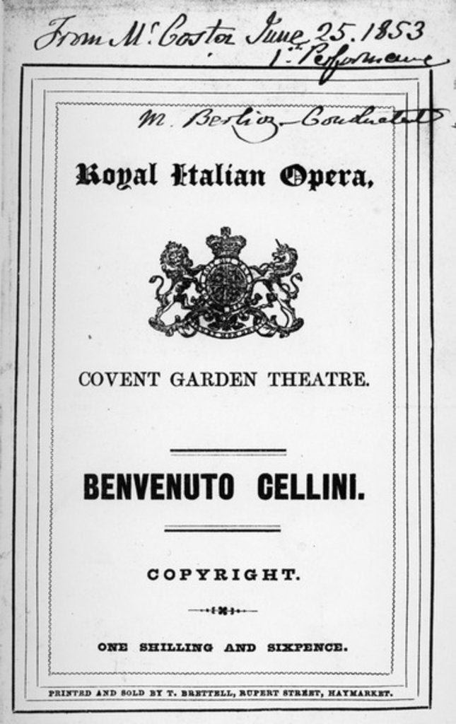 Detail of Programme for the opera 'Benvenuto Cellini' by Berlioz, performed in 1853 by English School